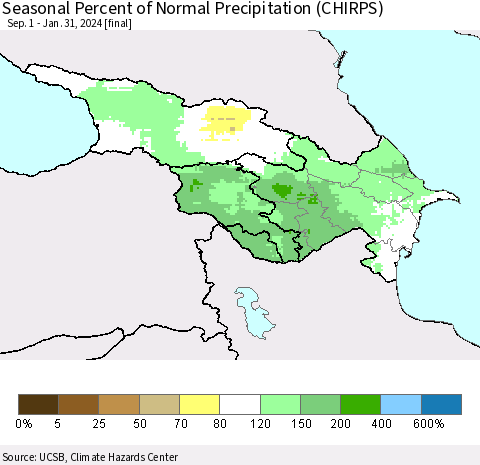 Azerbaijan, Armenia and Georgia Seasonal Percent of Normal Precipitation (CHIRPS) Thematic Map For 9/1/2023 - 1/31/2024