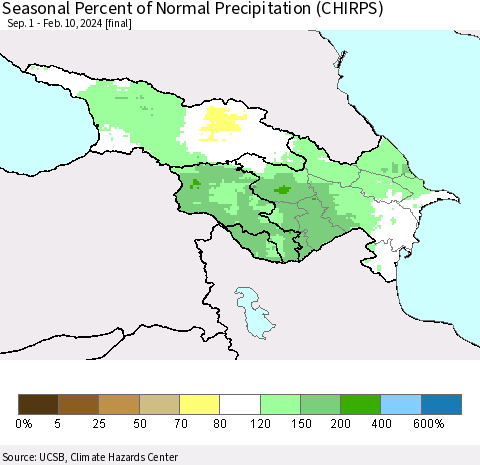 Azerbaijan, Armenia and Georgia Seasonal Percent of Normal Precipitation (CHIRPS) Thematic Map For 9/1/2023 - 2/10/2024