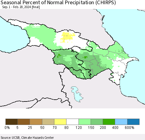 Azerbaijan, Armenia and Georgia Seasonal Percent of Normal Precipitation (CHIRPS) Thematic Map For 9/1/2023 - 2/20/2024