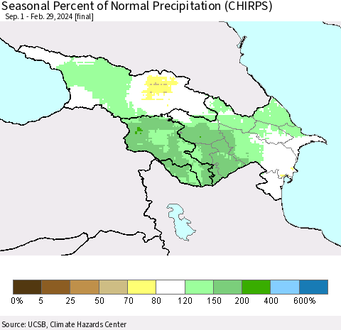 Azerbaijan, Armenia and Georgia Seasonal Percent of Normal Precipitation (CHIRPS) Thematic Map For 9/1/2023 - 2/29/2024