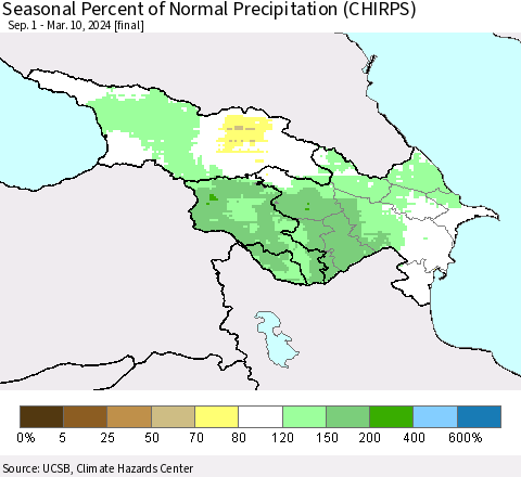 Azerbaijan, Armenia and Georgia Seasonal Percent of Normal Precipitation (CHIRPS) Thematic Map For 9/1/2023 - 3/10/2024