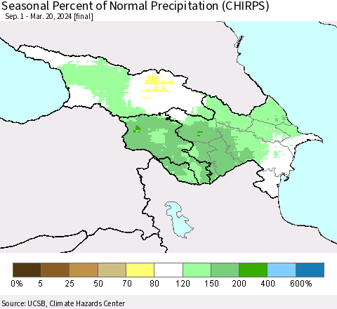 Azerbaijan, Armenia and Georgia Seasonal Percent of Normal Precipitation (CHIRPS) Thematic Map For 9/1/2023 - 3/20/2024