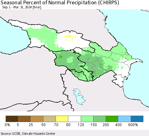 Azerbaijan, Armenia and Georgia Seasonal Percent of Normal Precipitation (CHIRPS) Thematic Map For 9/1/2023 - 3/31/2024