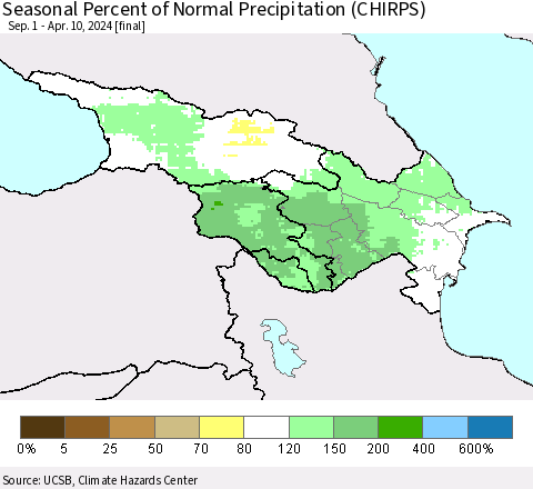 Azerbaijan, Armenia and Georgia Seasonal Percent of Normal Precipitation (CHIRPS) Thematic Map For 9/1/2023 - 4/10/2024