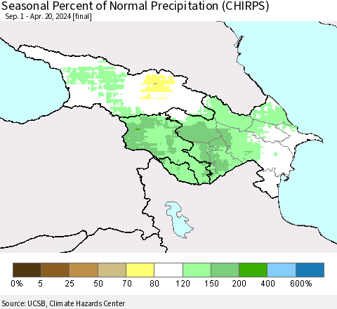 Azerbaijan, Armenia and Georgia Seasonal Percent of Normal Precipitation (CHIRPS) Thematic Map For 9/1/2023 - 4/20/2024