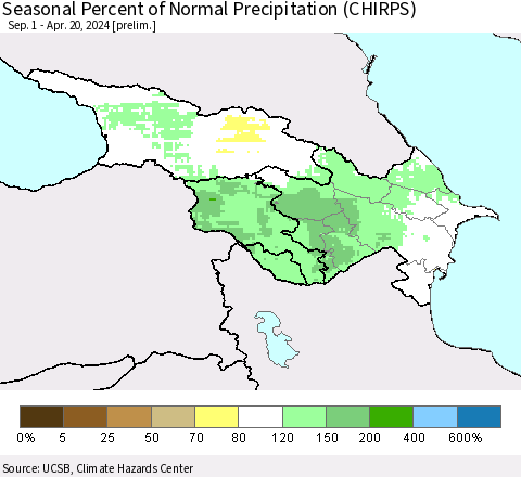 Azerbaijan, Armenia and Georgia Seasonal Percent of Normal Precipitation (CHIRPS) Thematic Map For 9/1/2023 - 4/20/2024