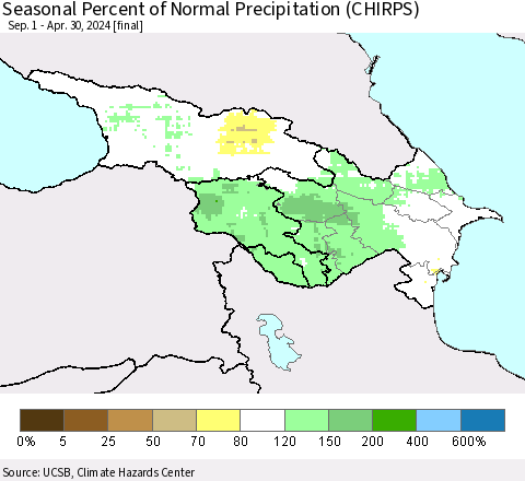 Azerbaijan, Armenia and Georgia Seasonal Percent of Normal Precipitation (CHIRPS) Thematic Map For 9/1/2023 - 4/30/2024