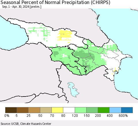 Azerbaijan, Armenia and Georgia Seasonal Percent of Normal Precipitation (CHIRPS) Thematic Map For 9/1/2023 - 4/30/2024