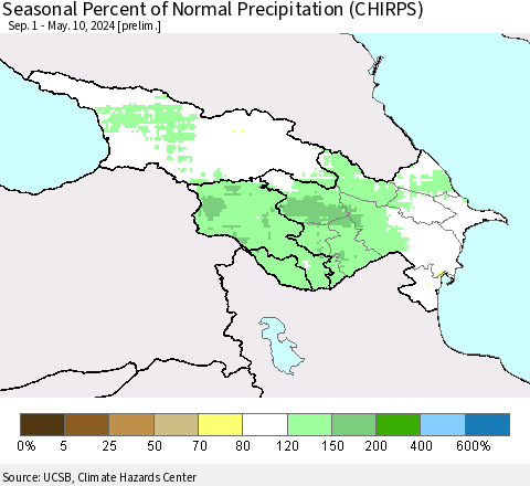Azerbaijan, Armenia and Georgia Seasonal Percent of Normal Precipitation (CHIRPS) Thematic Map For 9/1/2023 - 5/10/2024