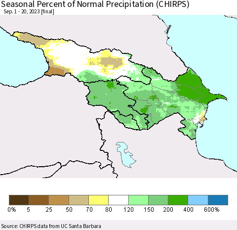 Azerbaijan, Armenia and Georgia Seasonal Percent of Normal Precipitation (CHIRPS) Thematic Map For 9/1/2023 - 9/20/2023