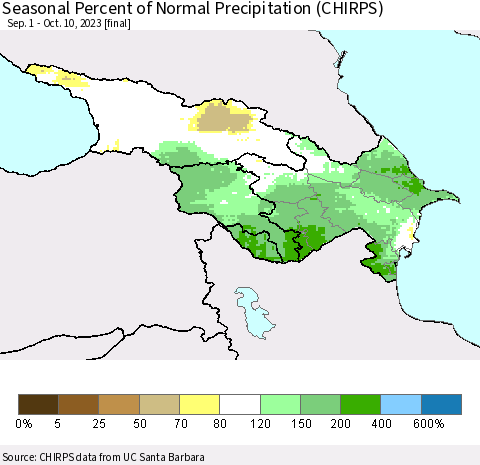 Azerbaijan, Armenia and Georgia Seasonal Percent of Normal Precipitation (CHIRPS) Thematic Map For 9/1/2023 - 10/10/2023
