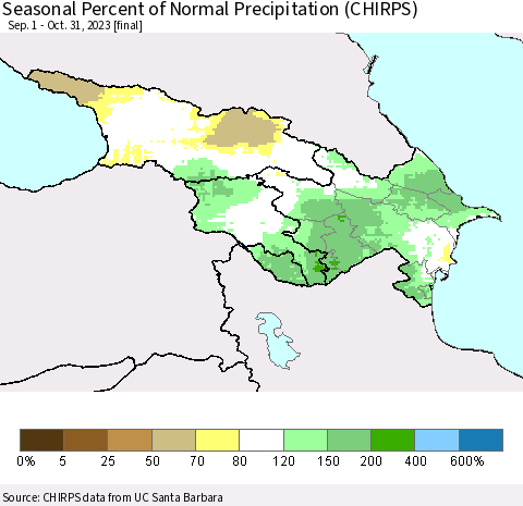 Azerbaijan, Armenia and Georgia Seasonal Percent of Normal Precipitation (CHIRPS) Thematic Map For 9/1/2023 - 10/31/2023