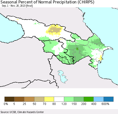 Azerbaijan, Armenia and Georgia Seasonal Percent of Normal Precipitation (CHIRPS) Thematic Map For 9/1/2023 - 11/20/2023