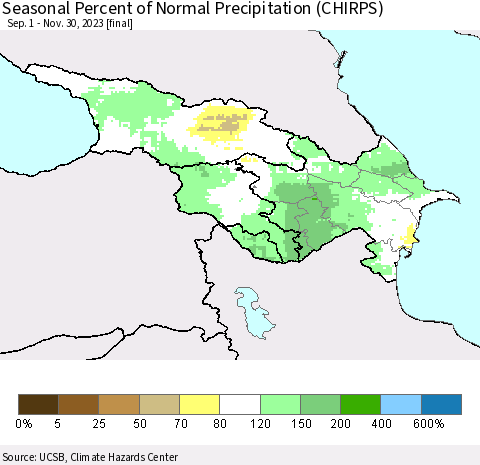 Azerbaijan, Armenia and Georgia Seasonal Percent of Normal Precipitation (CHIRPS) Thematic Map For 9/1/2023 - 11/30/2023