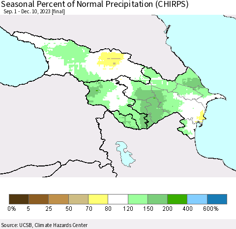Azerbaijan, Armenia and Georgia Seasonal Percent of Normal Precipitation (CHIRPS) Thematic Map For 9/1/2023 - 12/10/2023