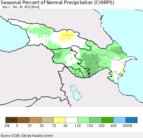 Azerbaijan, Armenia and Georgia Seasonal Percent of Normal Precipitation (CHIRPS) Thematic Map For 9/1/2023 - 12/20/2023
