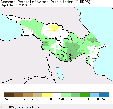 Azerbaijan, Armenia and Georgia Seasonal Percent of Normal Precipitation (CHIRPS) Thematic Map For 9/1/2023 - 12/31/2023