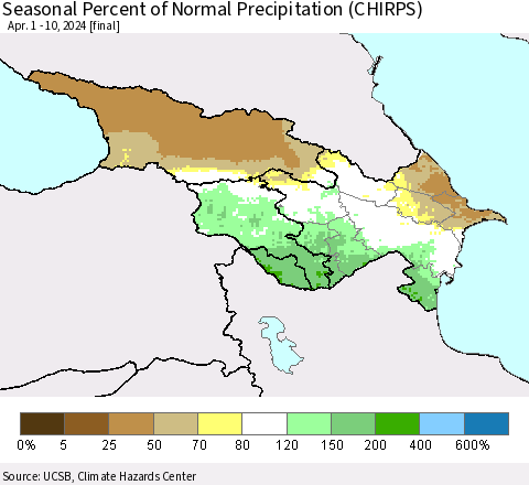Azerbaijan, Armenia and Georgia Seasonal Percent of Normal Precipitation (CHIRPS) Thematic Map For 4/1/2024 - 4/10/2024