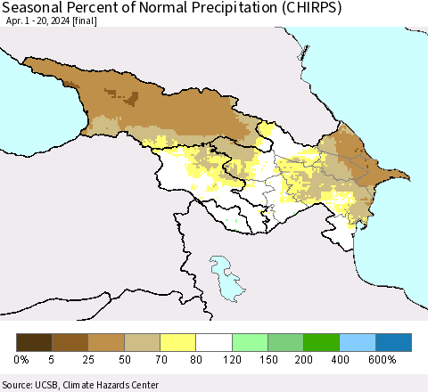 Azerbaijan, Armenia and Georgia Seasonal Percent of Normal Precipitation (CHIRPS) Thematic Map For 4/1/2024 - 4/20/2024