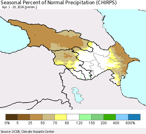 Azerbaijan, Armenia and Georgia Seasonal Percent of Normal Precipitation (CHIRPS) Thematic Map For 4/1/2024 - 4/20/2024