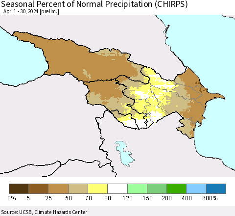 Azerbaijan, Armenia and Georgia Seasonal Percent of Normal Precipitation (CHIRPS) Thematic Map For 4/1/2024 - 4/30/2024