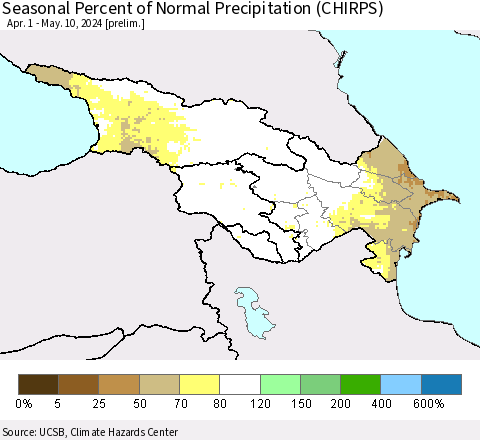 Azerbaijan, Armenia and Georgia Seasonal Percent of Normal Precipitation (CHIRPS) Thematic Map For 4/1/2024 - 5/10/2024
