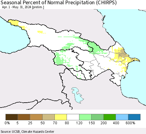 Azerbaijan, Armenia and Georgia Seasonal Percent of Normal Precipitation (CHIRPS) Thematic Map For 4/1/2024 - 5/31/2024