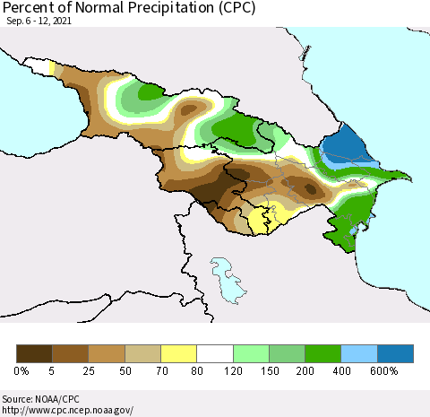 Azerbaijan, Armenia and Georgia Percent of Normal Precipitation (CPC) Thematic Map For 9/6/2021 - 9/12/2021