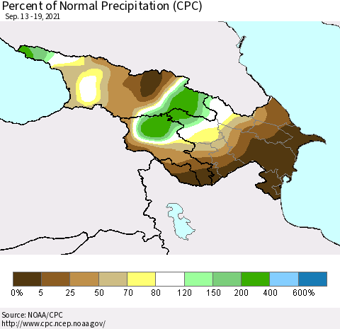 Azerbaijan, Armenia and Georgia Percent of Normal Precipitation (CPC) Thematic Map For 9/13/2021 - 9/19/2021