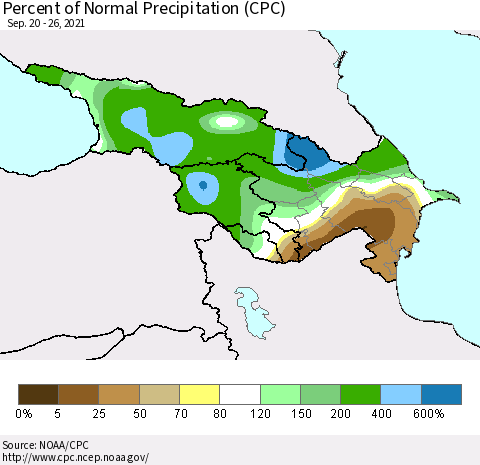 Azerbaijan, Armenia and Georgia Percent of Normal Precipitation (CPC) Thematic Map For 9/20/2021 - 9/26/2021
