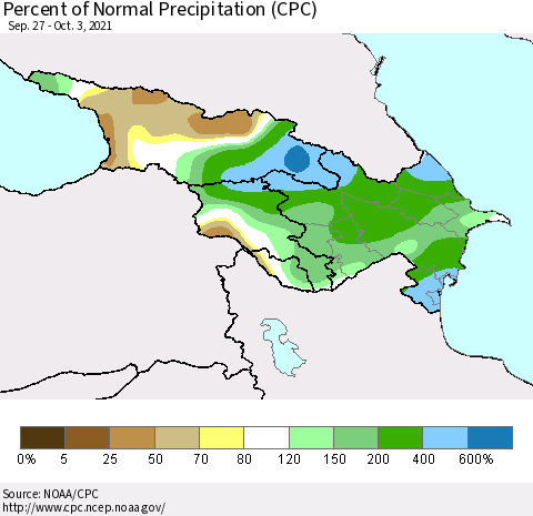 Azerbaijan, Armenia and Georgia Percent of Normal Precipitation (CPC) Thematic Map For 9/27/2021 - 10/3/2021