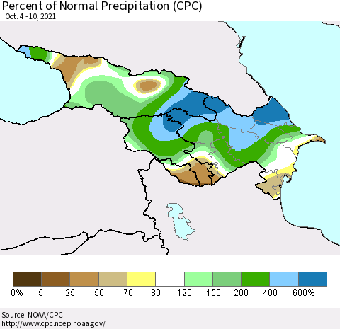 Azerbaijan, Armenia and Georgia Percent of Normal Precipitation (CPC) Thematic Map For 10/4/2021 - 10/10/2021
