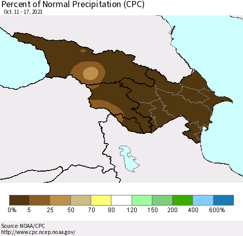 Azerbaijan, Armenia and Georgia Percent of Normal Precipitation (CPC) Thematic Map For 10/11/2021 - 10/17/2021