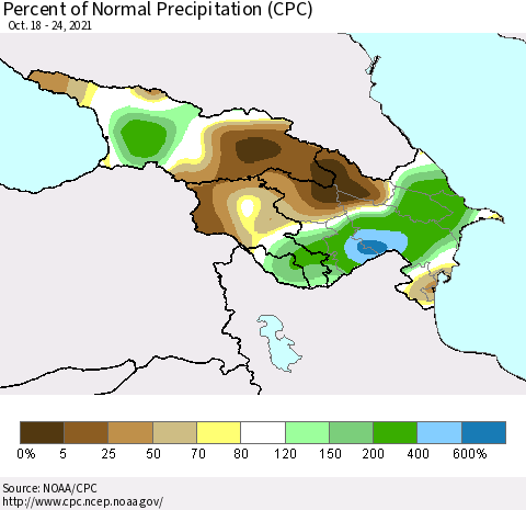 Azerbaijan, Armenia and Georgia Percent of Normal Precipitation (CPC) Thematic Map For 10/18/2021 - 10/24/2021