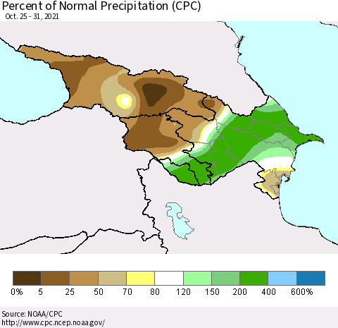 Azerbaijan, Armenia and Georgia Percent of Normal Precipitation (CPC) Thematic Map For 10/25/2021 - 10/31/2021