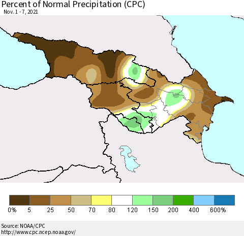 Azerbaijan, Armenia and Georgia Percent of Normal Precipitation (CPC) Thematic Map For 11/1/2021 - 11/7/2021