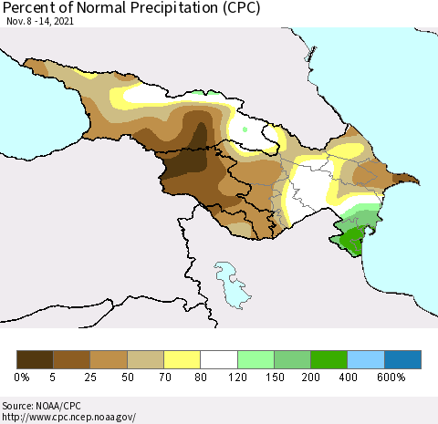 Azerbaijan, Armenia and Georgia Percent of Normal Precipitation (CPC) Thematic Map For 11/8/2021 - 11/14/2021