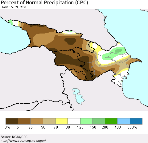 Azerbaijan, Armenia and Georgia Percent of Normal Precipitation (CPC) Thematic Map For 11/15/2021 - 11/21/2021