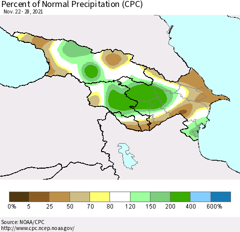 Azerbaijan, Armenia and Georgia Percent of Normal Precipitation (CPC) Thematic Map For 11/22/2021 - 11/28/2021
