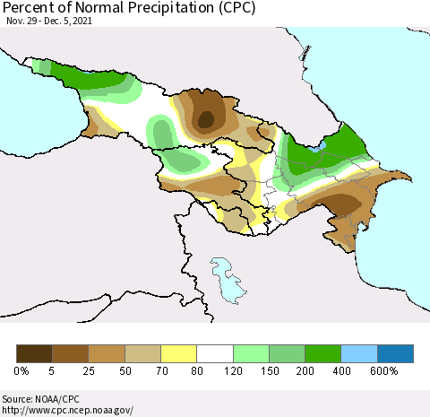 Azerbaijan, Armenia and Georgia Percent of Normal Precipitation (CPC) Thematic Map For 11/29/2021 - 12/5/2021