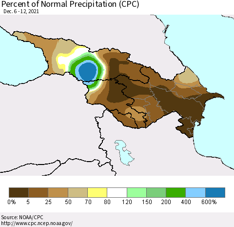 Azerbaijan, Armenia and Georgia Percent of Normal Precipitation (CPC) Thematic Map For 12/6/2021 - 12/12/2021