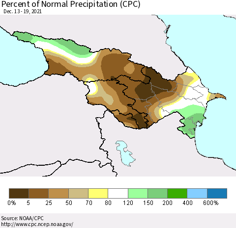 Azerbaijan, Armenia and Georgia Percent of Normal Precipitation (CPC) Thematic Map For 12/13/2021 - 12/19/2021