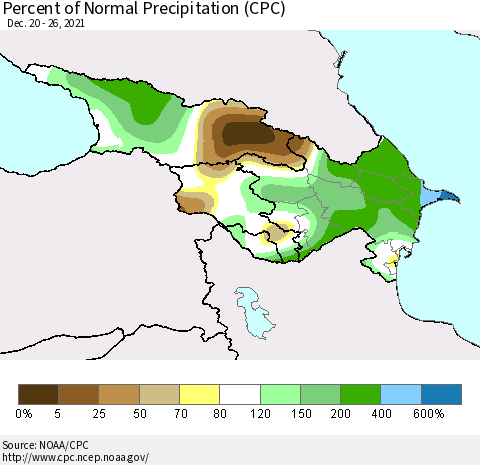 Azerbaijan, Armenia and Georgia Percent of Normal Precipitation (CPC) Thematic Map For 12/20/2021 - 12/26/2021