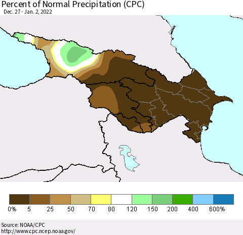 Azerbaijan, Armenia and Georgia Percent of Normal Precipitation (CPC) Thematic Map For 12/27/2021 - 1/2/2022