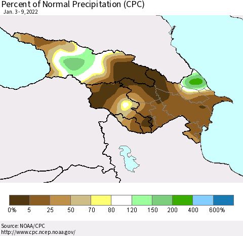 Azerbaijan, Armenia and Georgia Percent of Normal Precipitation (CPC) Thematic Map For 1/3/2022 - 1/9/2022