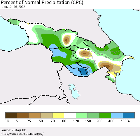 Azerbaijan, Armenia and Georgia Percent of Normal Precipitation (CPC) Thematic Map For 1/10/2022 - 1/16/2022