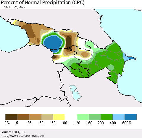 Azerbaijan, Armenia and Georgia Percent of Normal Precipitation (CPC) Thematic Map For 1/17/2022 - 1/23/2022