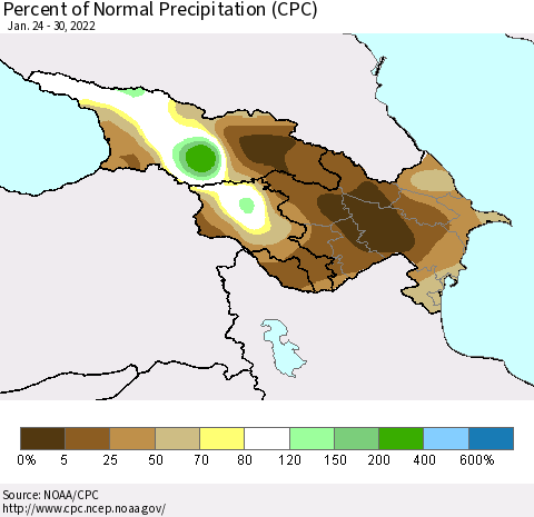 Azerbaijan, Armenia and Georgia Percent of Normal Precipitation (CPC) Thematic Map For 1/24/2022 - 1/30/2022