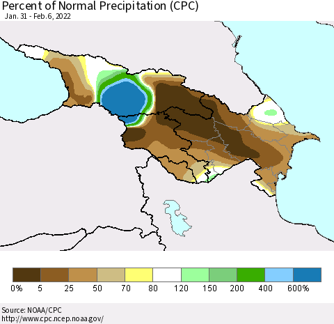 Azerbaijan, Armenia and Georgia Percent of Normal Precipitation (CPC) Thematic Map For 1/31/2022 - 2/6/2022