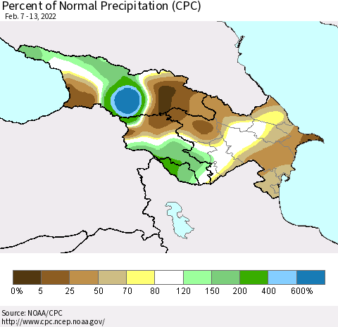 Azerbaijan, Armenia and Georgia Percent of Normal Precipitation (CPC) Thematic Map For 2/7/2022 - 2/13/2022